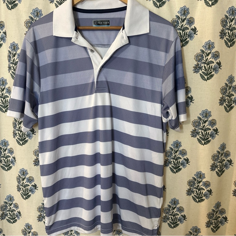 PGA Tour Mens Golf Polo Size Medium Blue White Collared Shirt Breathable